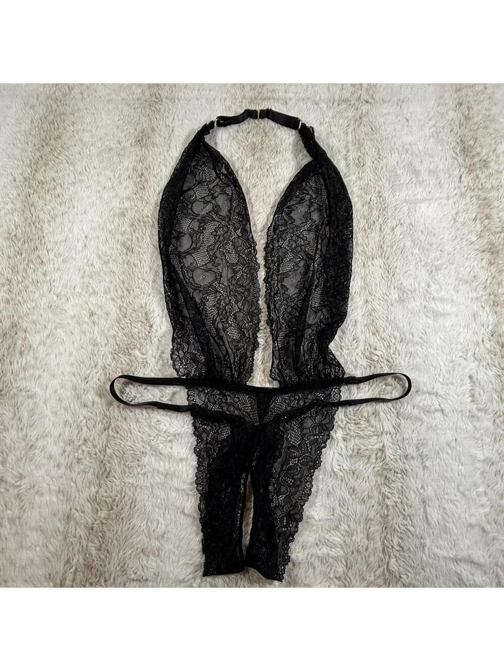 Maison Close Black Lace Halter Teddy Bodysuit Lingerie S/M Strappy Sheer